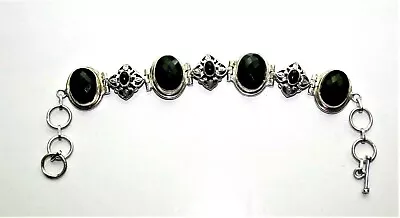 Vintage Sterling Silver Bohemian Style Faceted Black Stones Toggle 7.5  Bracelet • $39.99