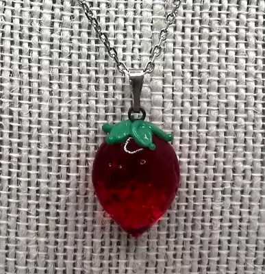 Murano Glass Handcrafted Strawberry Pendant &925 Sterling Silver Chain Necklace • $24.90