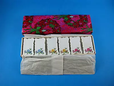 6 Pc SET Vintage NOS SHAFFORD Name PLACE CARD Holder & BOX ROSES Floral JAPAN • $22.99