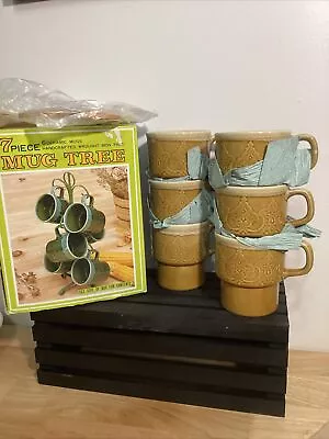 McCrory Mug Tree Set Vintage W Stand And Six Mugs Floral Motif New Old Stock • £28.95