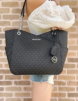 Michael Kors Jet Set Travel Large Chain Shoulder Tote Black MK Signature • $109