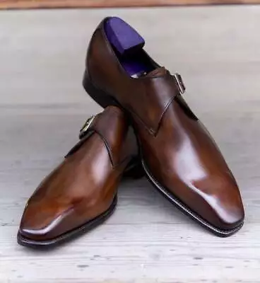 Handmade Brown Leather Monk Strap Stylish Cowhide Leather Shoes For Men's • £119.99