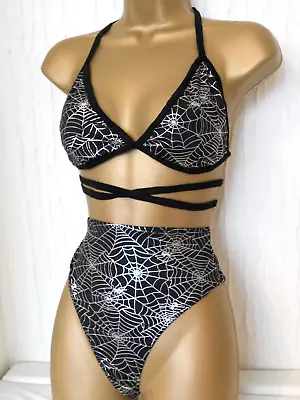 Sexy Black Silver Metallic Halter Neck Wrap Cobweb Bikini Size 8 New High Leg • £3.99