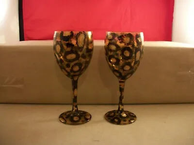 Set Of 2 Hand Painted Leopard Cheetah Animal Print Water/Wine Goblets Glasses   • £27.96