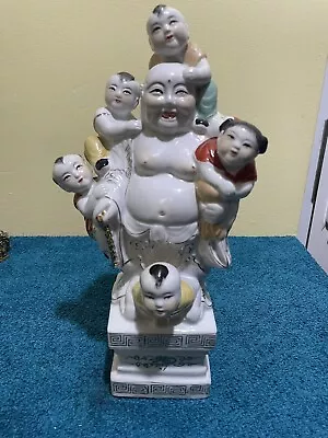 Chinese Porcelain HAPPY Laughing Buddha With 5 Children Fertility Statue • £30