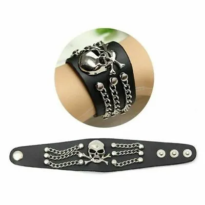 Punk Rock Style Black PU Leather Straps Wristband Bracelet For Men Women • $5.95