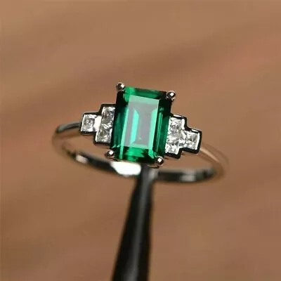 2Ct Emerald Cut Lab-Created Green Emerald Solitaire Ring 14K White Gold Plated • $83.84