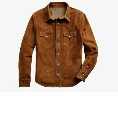 Men's Cowboy Western Shirt Brown Suede Leather Button-Up Collar Ranch Style • £83.99