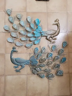 Vintage Set Of 2 MCM Peacock Metal Wall Hangings Birds Hong Kong Teal Gold 17   • $35