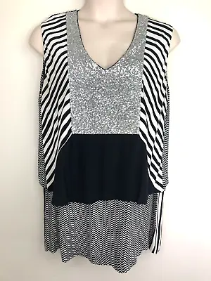 Sass & Bide Best In Show Mini Dress Size 14 Black White Stripe Silver Sequin • $95