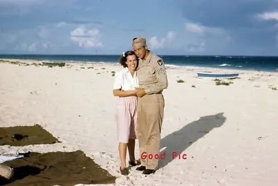 #SE Vintage 35mm Slide Photo- Military Man-Woman-Beach-Red Kodachrome 1947 • $5.50
