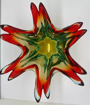 Vintage Atomic MCM Murano Sommerso Style Free Form Star Red Yellow Green Bowl • $75