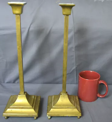 Nice Pair Tall Antique Vintage Brass Mission Style Candlesticks 14  • $115
