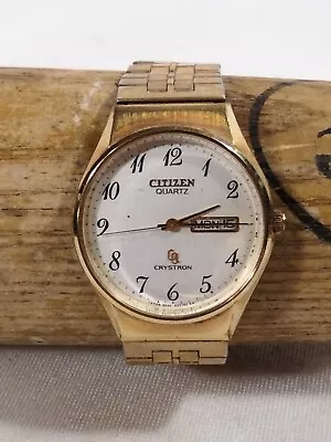 $30 • Buy Citizen CQ Quartz Crystron Wrist Watch Gold Tone Day/Date UNTESTED 