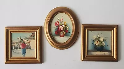 3 Vintage Gold Framed Mini Original Oil Floral Paintings • $35