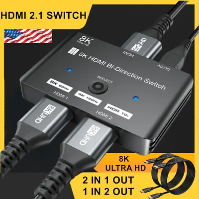 HDMI Switch8 K@60hz HDMI 2.1 Splitter 2 In 1 Out 1 In 2 Out For Xbox PS4 HDTV • $15.19