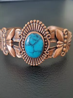 Vintage Signed Bell Trading Solid Copper Cuff Bracelet W/Faux Turquoise • $22.99