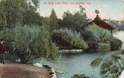 Los Angeles California Postcard Park Scene West Lake Gazebo White Swan Vintage • $6.97