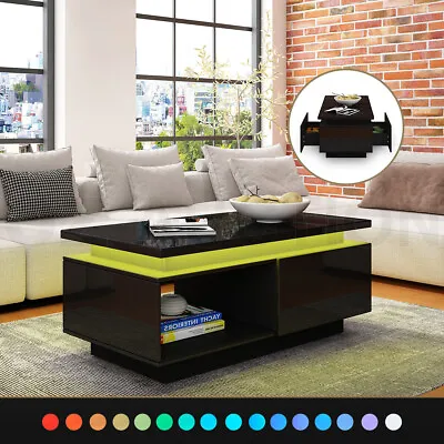 Coffee Table LED Lighted Storage Cabinet High Gloss 2 Drawers Furniture Black • $189.95