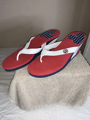 Disney VTG Mickey Mouse Red White And Blue Women’s Size 11-12 Wedge Flip Flops • $17.99