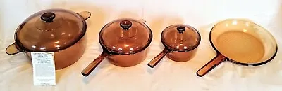 Visions Corning Amber Cookware 7 Pc 1.5L 2.5L Pot 4.5L Dutch Oven Covers Skillet • $125