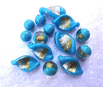 Lot Of 14 Elegant Turquoise Murano Glass Beads Gold & Silver Foil Free Shipping • $14