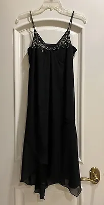 Eva Blue Womens LBD Midi Hi Low Slinky Black Beaded Spaghetti Strap Dress Size 4 • $14.99
