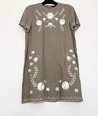 Zara Short Sleeve Linen Embroidered Floral Ethnic Shift Dress Khaki/White Medium • $39