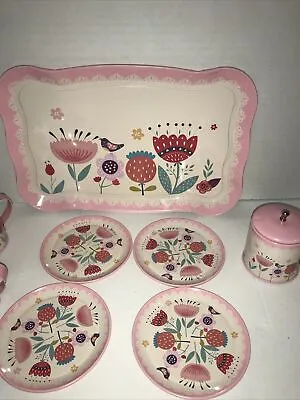 Vintage Pink Tin Tea Set . Tray 4 Cups Sugar Bowl And Cream Pitcher. 4 Plates. • $30