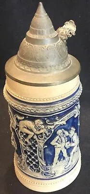 Antique 1/2 Liter Stein German Blue Stoneware Men Bowling Monkey Children • $24.99