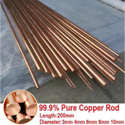 Pure Copper Rod Round Bar T2 99.9% Red Metal Dia 3mm 4 6 8 10mm Length 200mm • £3.98