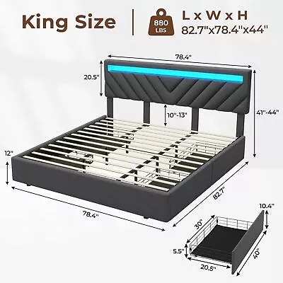 King Size Bed Frame With Storage Drawers & LED Lights Upholstered Headboard • $249.99