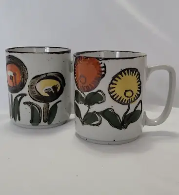 Vintage Set Of 2 1970s Coffee Tea Mugs Brown Speckled Stoneware Flowers • $15.30