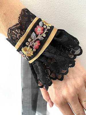 Boho Lace  Cuff Black Bracelet  Vintage French Braid • £18