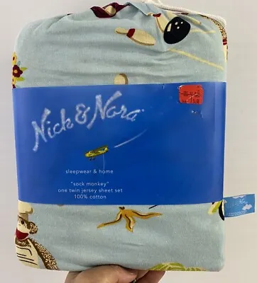 New VTG Nick And Nora Sock Monkey Twin Sheet Set 100% Cotton Jersey Knit Blue • $69.99