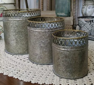 NEW French Grey Lattice Vintage Shabby Chic Set Of 3 Planter Metal Baskets Pots  • £26