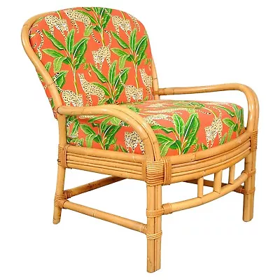 Mid-Century Rattan Chair Tropical Cheetah Palm Indoor/Outdoor Fabric Vintage • $1850