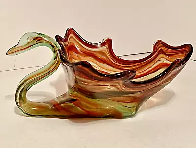 Vintage  Murano ? Glass Swan Blown Art Glass Fruit Bowl Orange/Brown & Clear • $49.99