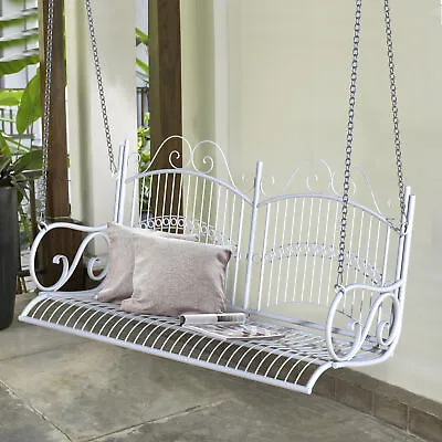 Outdoor Garden Balcony Metal 2 Seat Swing Chair Love Seat Hanging Hammock White • £78.99