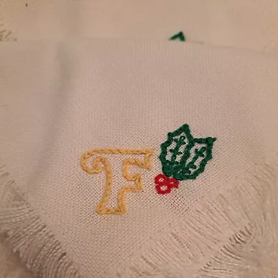 Embroidered Christmas  Holly Berry Monogram  F  Dinner Napkins Vintage Set Of 4 • $10.95