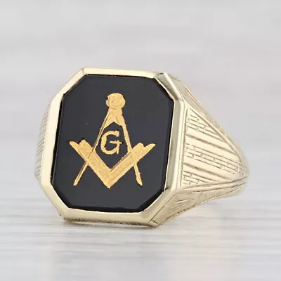 Vintage Onyx Masonic Ring 10k Yellow Gold Size 9.5 Blue Lodge Square Compass • $439.99