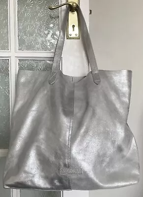 Debenhams Collection Silver Leather Large Hobo Shopper Shoulder Tote Bag • £8.50