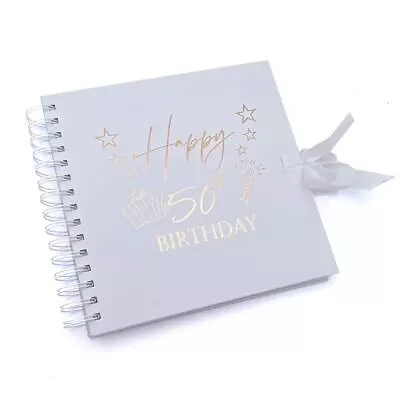 50th Birthday Present White Scrapbook Guest Book Photo Album Rose Gold Script • £14.99