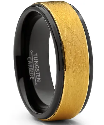 Two Tone Black And Goldtone Textured Brushed Tungsten Wedding Ring • $19.99