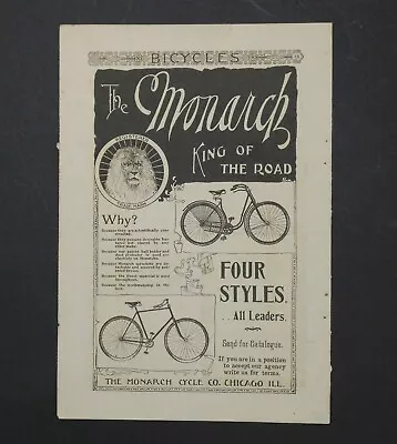 Antique 1893 Magazine Print Ad The MONARCH Bicycle King Of The Road  • $12.97