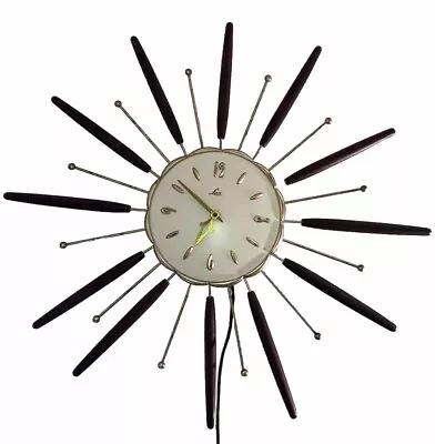 1963 Robert Shaw Atomic MCM Starburst Electric LG Wall Clock Works Teak & Brass • $200
