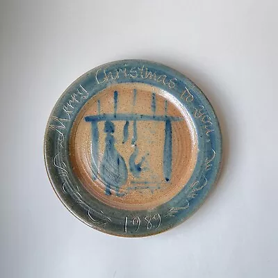 Vintage B. Stebner Salt Glazed Pottery Plate Merry Christmas To You Blue 1989 • $25