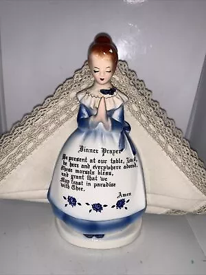 VINTAGE Ceramic Dinner Prayer Lady Napkin Holder + 4 Embroidered Napkins JAPAN  • $25.50