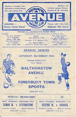 Walthamstow Avenue V Kingsbury Town Sports (London Senior Cup) 1952/1953 • £7.99