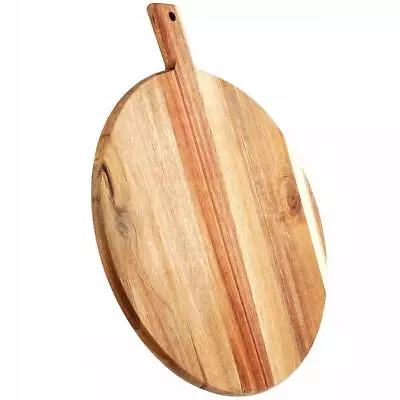 Round Wooden Chopping Board With Handle Large Pizza Serving Platter Home Kitchen • £12.09